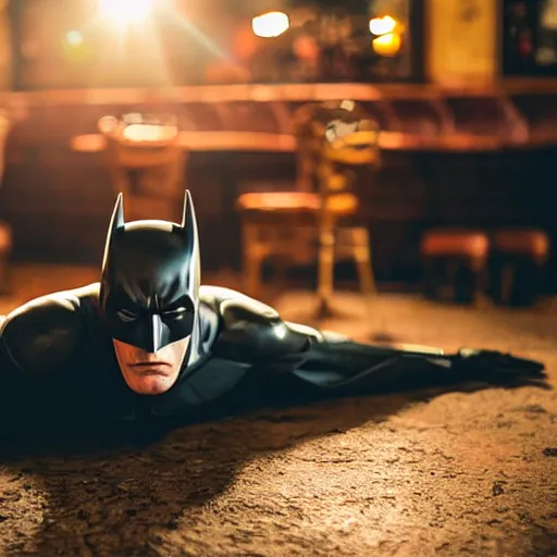 Prompt: batman lying on the floor in a pub, 8 k photography, golden hour