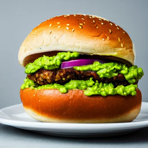 Image similar to juicy vegan hamburger topped with guacamole and fried onion and a vegan fried egg, crispy buns, 8 k resolution, professional food photography, studio lighting, sharp focus, hyper - detailed