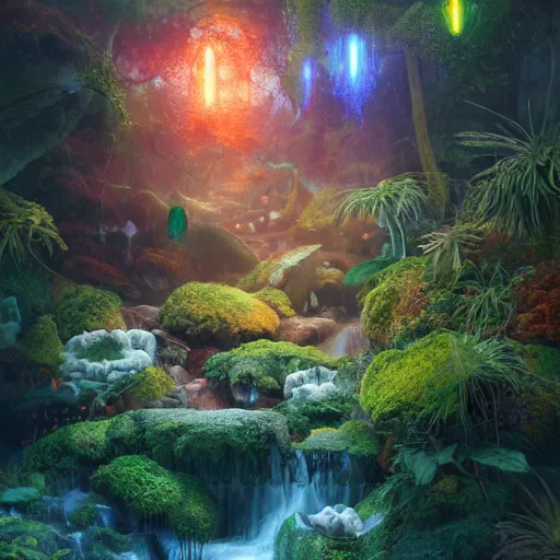 Prompt: tom bagshaw, soft painting render curiosities carnival pond river vegetation rocks gigantic mushrooms covered moss scintillating bioluminescent wisps, beautiful miniature silhouettes waterfall rainbow wildlife, accurate features, focus, very intricate ultrafine details, random volumetric lighting, fog, award winning masterpiece, octane render 8 k hd, artstation