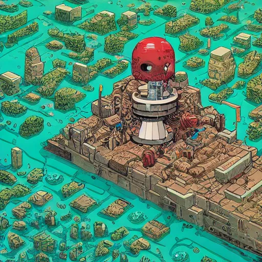 Image similar to hyper detailed comic illustration of a giant half buried robot head being reclaimed by nature , by Josan Gonzalez and Geof Darrow, isometric aerial view, highly detailed, 8k wallpaper