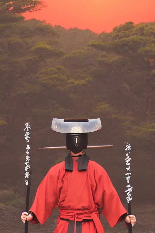 Prompt: a godlike and indomitable helmeted samurai wielding their Odachi before a large Torii gate, the rising sun in the background. Photo realistic. Award winning