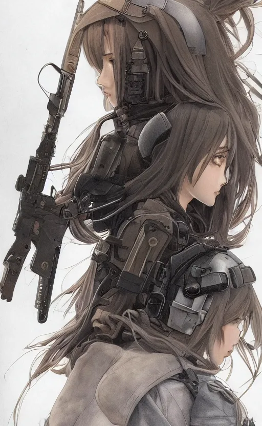 Image similar to a girl, fused aircraft parts, soldier clothing, combat helmet, anime style, long hair, hair down, symmetrical facial features, from arknights, hyper realistic, 4 k, rule of thirds, extreme detail, detailed drawing, trending artstation, hd, d & d, realistic lighting, by alphonse mucha, greg rutkowski, sharp focus, backlit