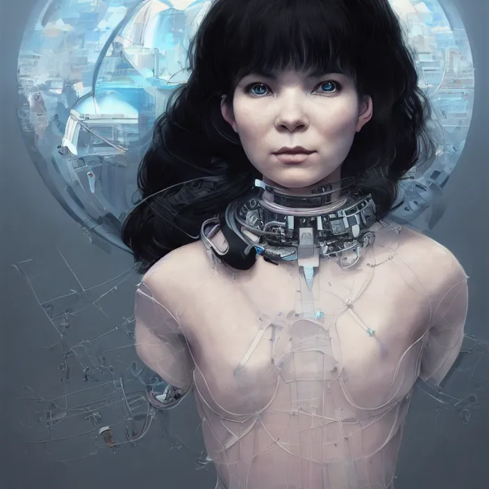 Image similar to symmetrical bjork cyborg - by tom bagshaw, by ilya kuvshinov, rtx rendering, octane render 1 2 8 k, maya, extreme high intricate details by wlop, digital anime art by ross tran, medium shot, close up shot, composition by sana takeda, dramatic lighting by greg rutkowski, 8 k, trending on artstation