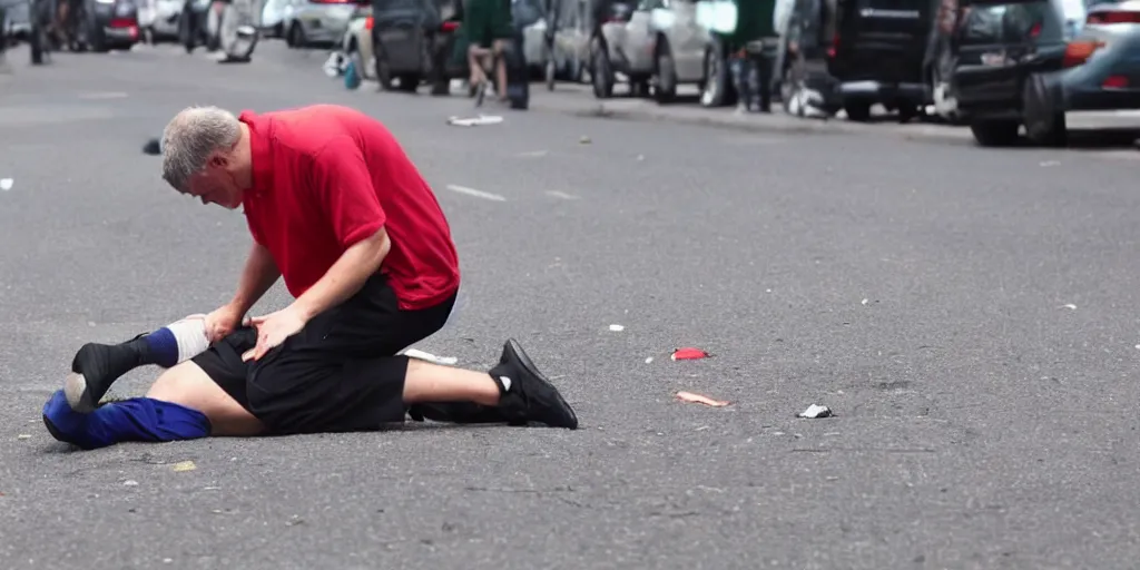 Prompt: man trying to pick up his nose from the pavement, leg falls off