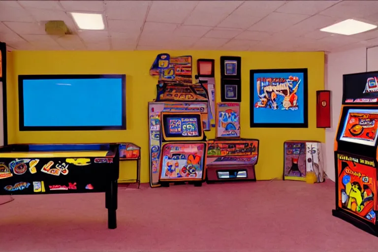 Prompt: photo of a 1 9 8 0 s video game room