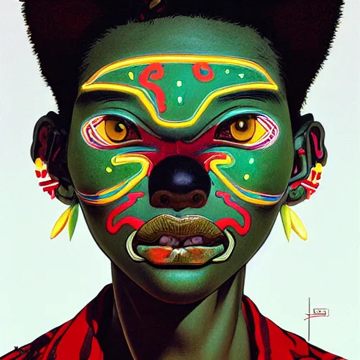 Image similar to teenage citizen portrait soft light painted by james jean and katsuhiro otomo and erik jones, inspired by tribal voodoo mask anime, smooth face feature, intricate oil painting, high detail illustration, sharp high detail, manga and anime 1 9 9 9