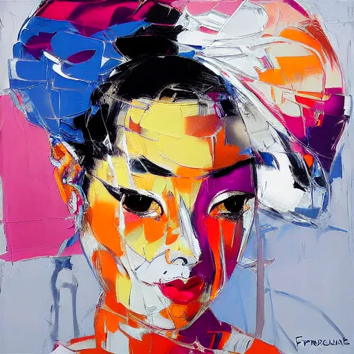 Image similar to portrait of geisha, silver and gold by francoise nielly