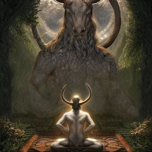 Image similar to Minotaur meditating, hedge maze, dark fantasy esoteric, D&D, fantasy, cinematic lighting, intricate, elegant, highly detailed, digital painting, artstation, concept art, matte, sharp focus, illustration