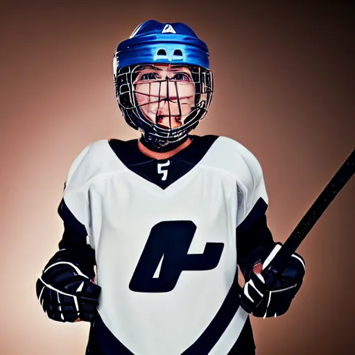 Prompt: a mid-shot portrait of a victorious woman in a dirty full plate armor holding an hockey stick