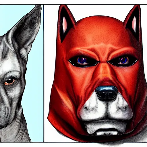 Prompt: dogman, dog head, superhero body, evil, rob liefeld, photorealism