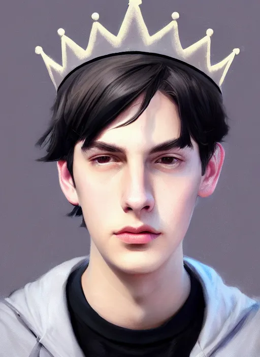 Image similar to portrait of teenage jughead jones wearing a light grey crown, photorealistic, crown, eyes closed, crown, black hair, intricate, elegant, glowing lights, highly detailed, digital painting, artstation, concept art, smooth, sharp focus, illustration, art by wlop, mars ravelo and greg rutkowski