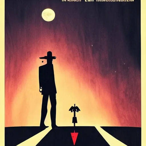 Prompt: movie poster of menacing figure with a cleaver standing in the middle of a road, night, large moon in the sky, by Vasily Barkhatov, excellent composition, dark