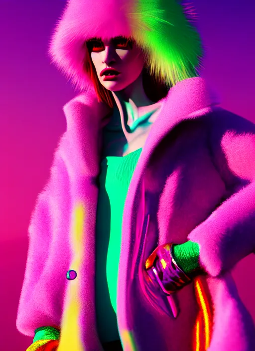 Image similar to coat for a rave, bright colors, many details, prints, photo for a magazine, photo for a store, fashion photography, Vogue, 135 mm, cinematic, hyper realism, high detail, octane render, 8k, chrome accents