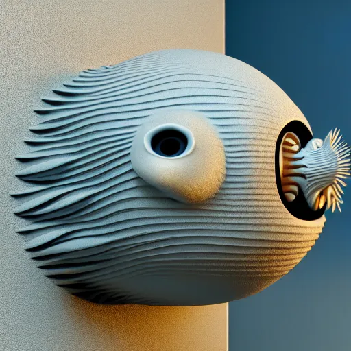 Image similar to : puffer fish pattern sculpture art on the wall in modern architecture studio, cinematic lighting, hyper - realistic, detailed, render by c 4 d octane, unreal engine, 8 k 3 d render