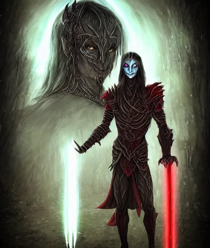 Prompt: A Dark Elf Dunmer named Divayth Fyr in Daedric armor with long white hair and glowing red eyes travels in the rain through the Morrowind wilds, Hyper realism, character portrait, dnd avatar, glow, runes, magic, morrowind, Skywind, Oblivion, Skyrim, dark, gloomy, House Telvanni, grass, trees, swamp