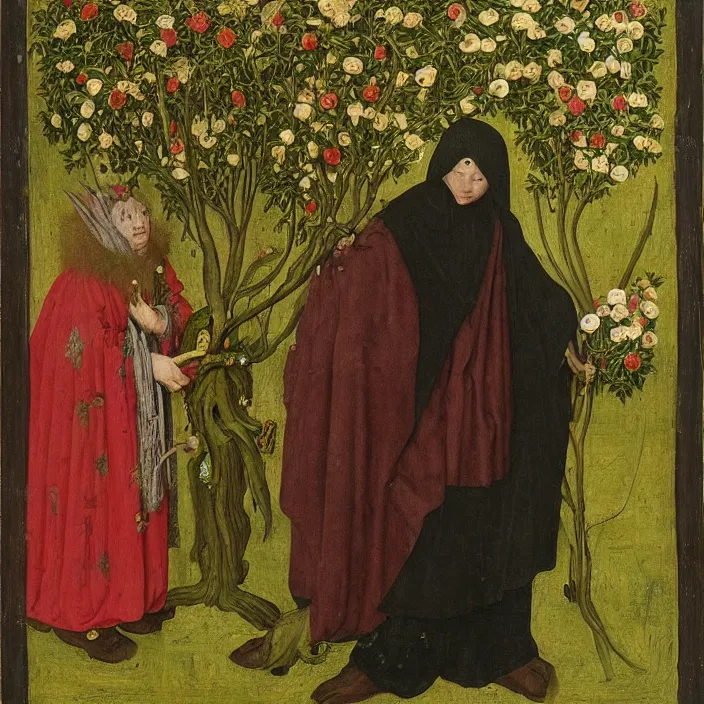 Image similar to a woman wearing a hooded cloak made of flowers holding a green-horned goblin monster, by Jan van Eyck