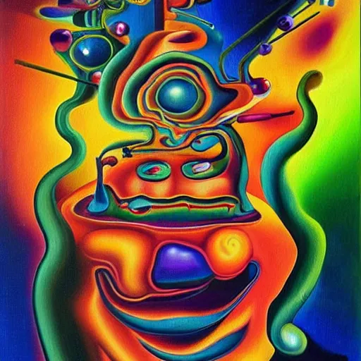 Prompt: a very very extremely high quality hd surrealism acrylic painting of a 3d galactic neon complimentary colored cartoon surrealism melting creature by kandsky and salvia dali the 1024th, salvador dali's much much much much more talented painter cousin, 4k, ultra realistic