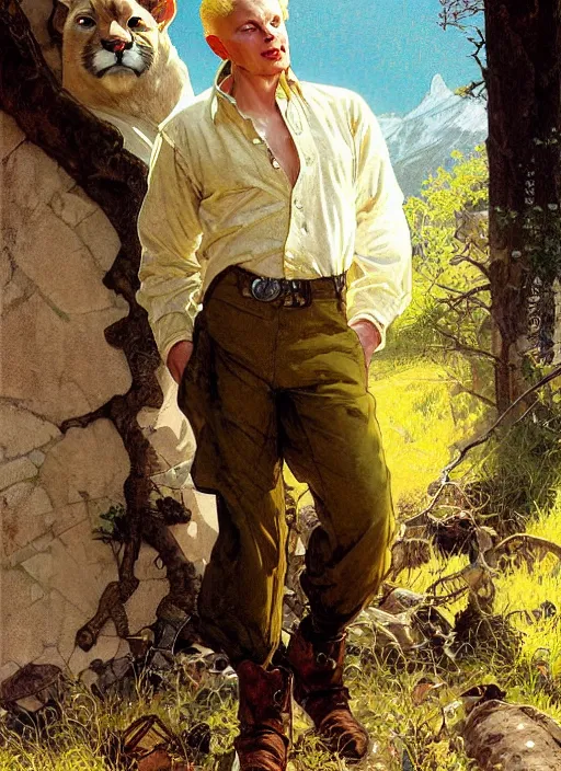 Prompt: beautiful portrait commission of a male Furry Anthro albino mountain lion Fursona wearing a yellow button-down shirt, olive green slacks in a old saloon. Atmospheric. Renowned character illustration by greg rutkowski, thomas kindkade, alphonse mucha, loish, norman rockwell. detailed, inked, western comic book art
