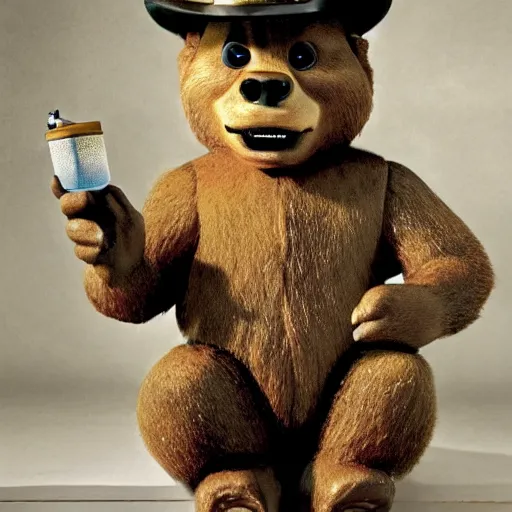 Image similar to UHD candid photo of Smokey The Bear in the lavatory sitting on a porcelain throne, playing with fire, by Annie leibowitz, photorealisitc, extremely detailed