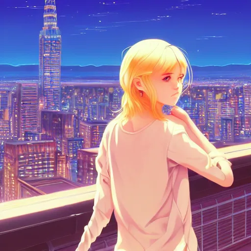 Image similar to a beautiful blond girl, city background, intricate, highly detailed, digital painting, artstation, official media, anime key visual, concept art, rich vivid colors, ambient lighting, sharp focus, illustration, art by Artgerm, Makoto Shinkai, Ilya Kuvshinov, Lois Van Baarle, and Rossdraws