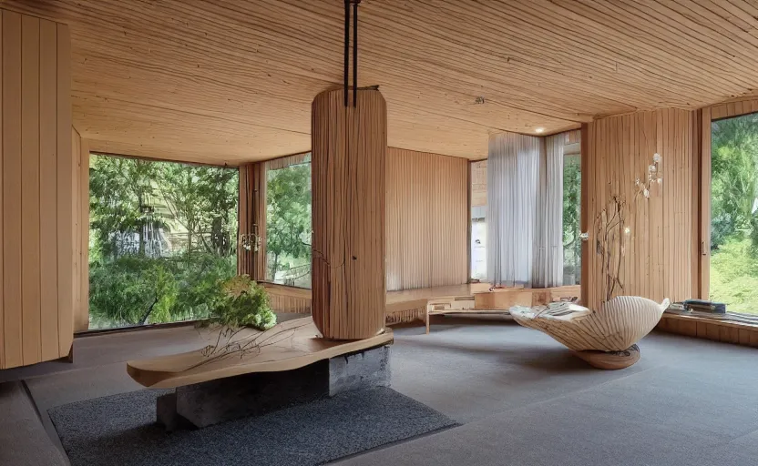 Image similar to luxurious wooden cottage by alvar aalto, modern japanese living room, japanese flower arrangements, coherent composition, architecturally accurate, architecture photography