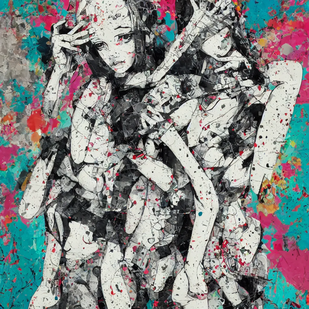 Prompt: girl figure, abstract, jet set radio artwork, ryuta ueda artwork, cryptic, rips, spots, fabric, asymmetry, stipple, lines, glitches, color tearing, pitch bending, stripes, bandages, guts, eerie, hearts, minimal, points, otomo katsuhiro artwork, technical, natsumi mukai artwrok, folds