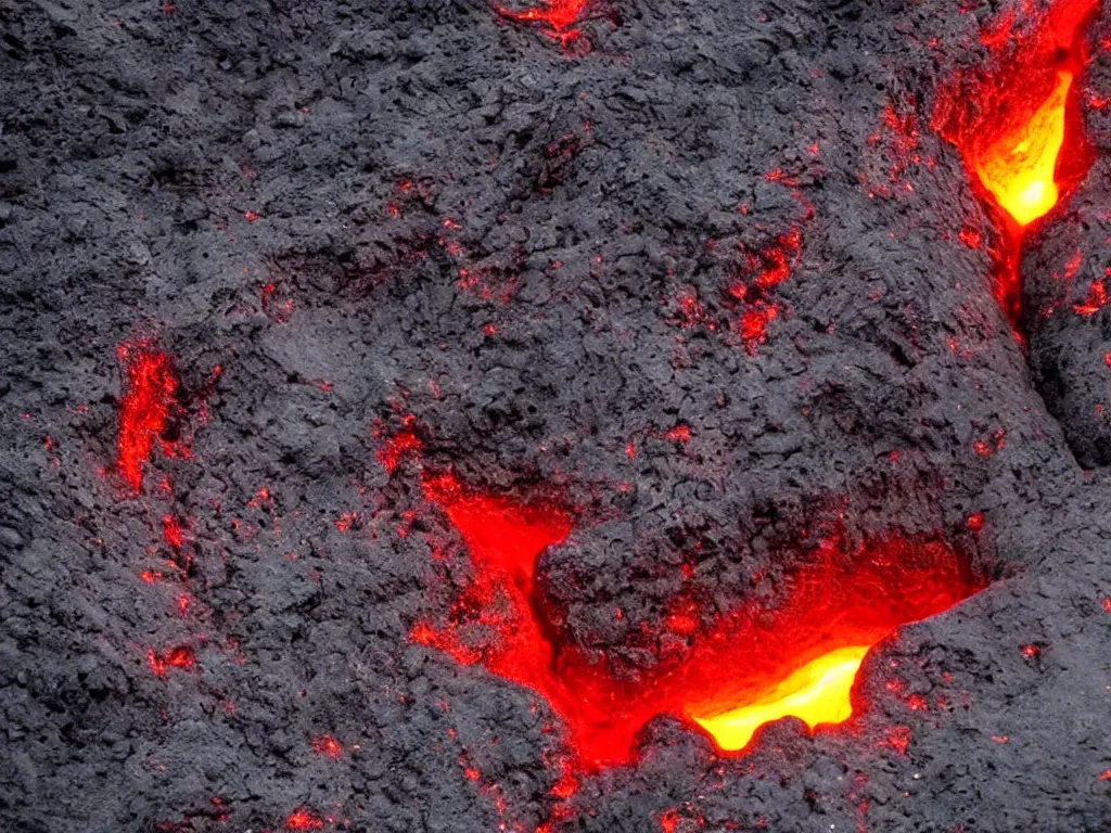 Prompt: alien technology hidden in a volcano, glowing futuristic alien technology, hot volcanic rock and lava, HD photography