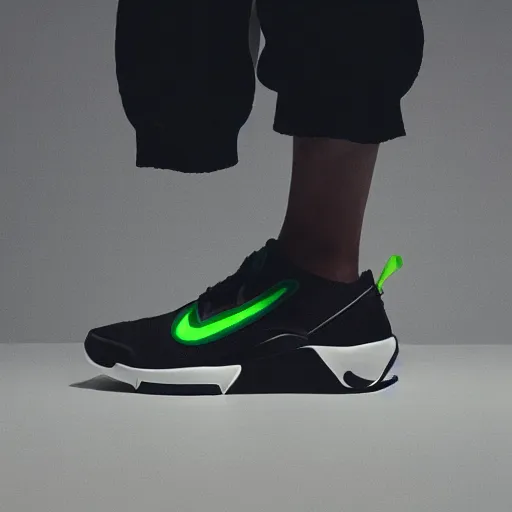 Image similar to a studio photoshoot of a Nike Air x Acronym running sneaker collab designed by Errolson Hugh, air technology, knitted mesh material, realistic, color film photography by Tlyer Mitchell, 35 mm, graflex
