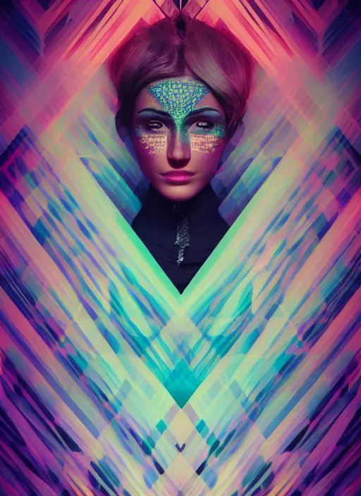 Prompt: a pretty woman face, skin as colorful geometric patterns, intricate, symmetrical, volumetric dramatic light, dark black background, sharp focus, highly realistic, octane render