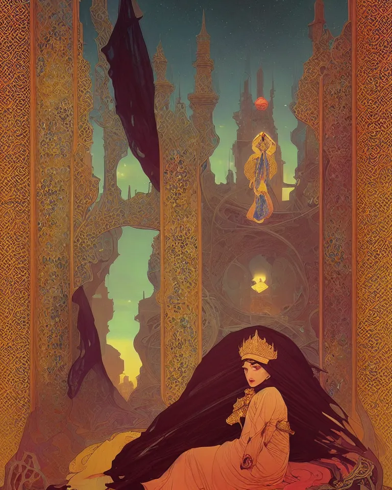 Image similar to portrait of an islamic empress combined with a surreal islamic style ornamental gate in the desert opening into an other dimension. by vincent di fate, james jean, dom qwek greg rutkowski alphonse mucha. ornament, intarsia, ambient lighting, atmospherical, photorealistic fantasy concept art, trending on art station, stunning visuals, creative, cinematic, ultra detailed