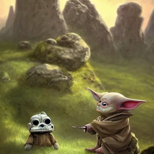 Prompt: an extremely cute (baby yoda) sitting on lichen covered ancient boulders and singing songs and has a tea party, in the far background up in the sky an outline of Darth Vader's TIE fighter approaches, mischievous, inquisitive, devious, hilarious, funny, by Tyler Edlin
