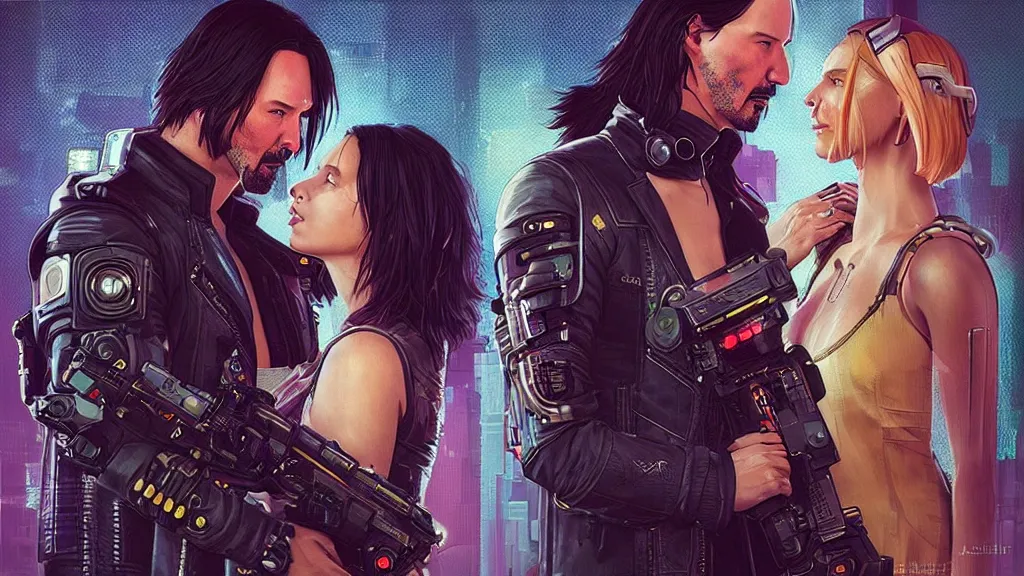 Prompt: a cyberpunk 2077 couple portrait of Keanu Reeves&female android in final kiss,love,film lighting,by Laurie Greasley,Lawrence Alma-Tadema,Dan Mumford,John Wick,Speed,Replicas,artstation,deviantart,FAN ART,full of color,Digital painting,face enhance,highly detailed,8K,octane,golden ratio,cinematic lighting