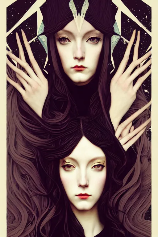 Image similar to a triad of winter muses, style blending æon flux, shepard fairey, botticelli, ivan bilibin, and john singer sargent, inspired by pre - raphaelites, shoujo manga, and harajuku fashion, stark landscape, muted dark colors, superfine inklines, ethereal, otherworldly, 4 k photorealistic, arnold render