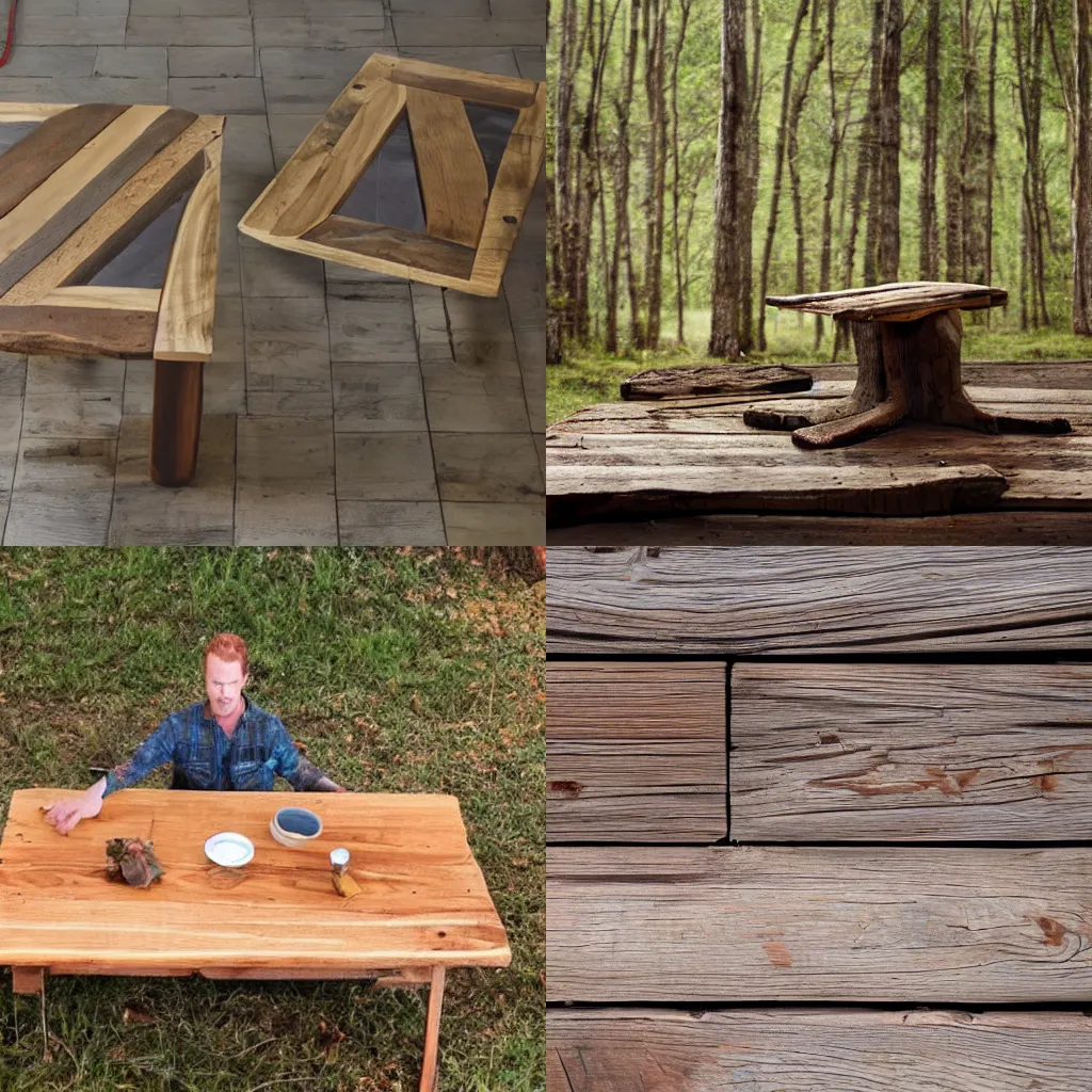 Prompt: Wooden table shouts at the lumberjack