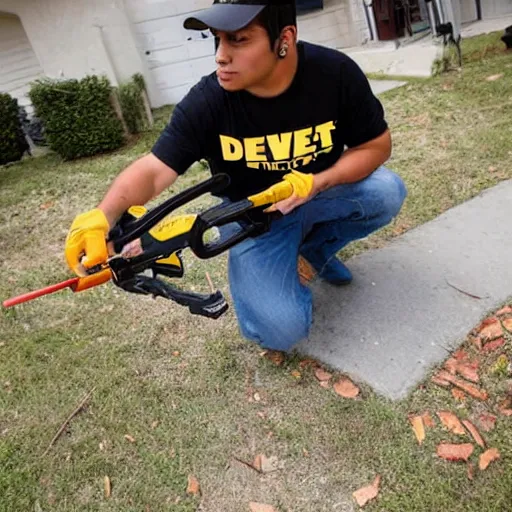 Image similar to young latino man using cordless power tool crossbow made by dewalt