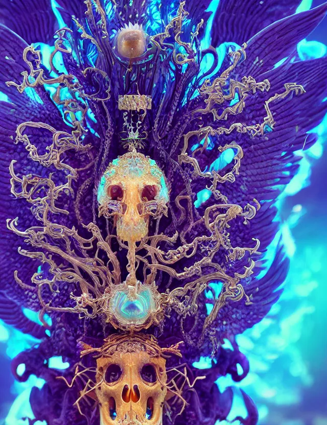 Image similar to goddess phoenix macro close - up portrait with crown made of ram skull. phoenix, betta fish, jellyfish, bioluminiscent, plasma, wind, creature, super intricate ornaments artwork by tooth wu and wlop and beeple and greg rutkowski