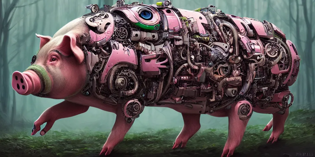 Image similar to portrait of a cyborg pig running in forest, cyberpunk, biomechanical, hyper detailed, trending on artstation