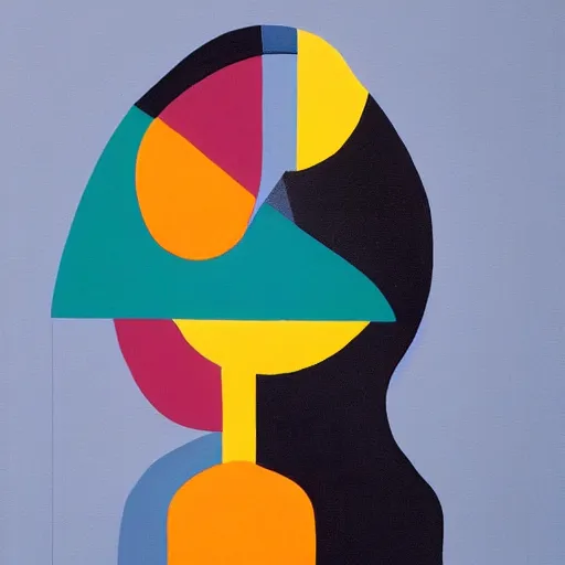 Image similar to A painting of person standing next to a window, abstract painting in the style of Sophie Taeuber-Arp and Gary Hume and Tatsuro Kiuchi, flat colour-block style, geometric abstraction, deep colours