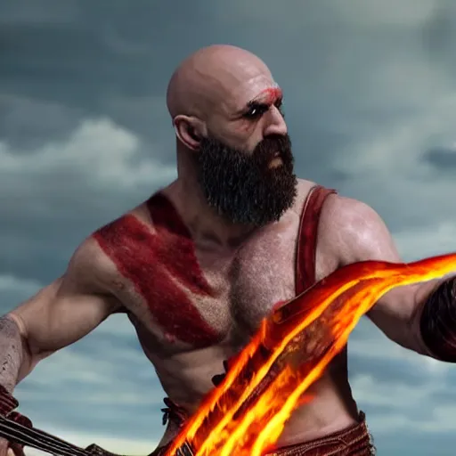 Prompt: kratos shredding on a flaming stratocaster guitar, cinematic render, god of war 2 0 1 8, santa monica studio official media, lightning, red facial stripe