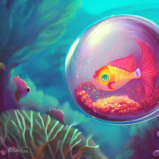 Image similar to large adorable bubble fish, underwater, magical ocean, bubbles, bioluminescent, artstation, illustration