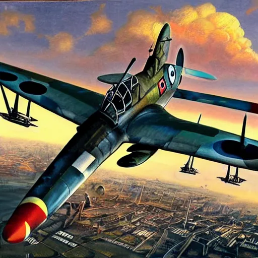 Prompt: ww2 spitfire plane flying through futuristic city, highly detailed, painting, brushstroke, anime artwork