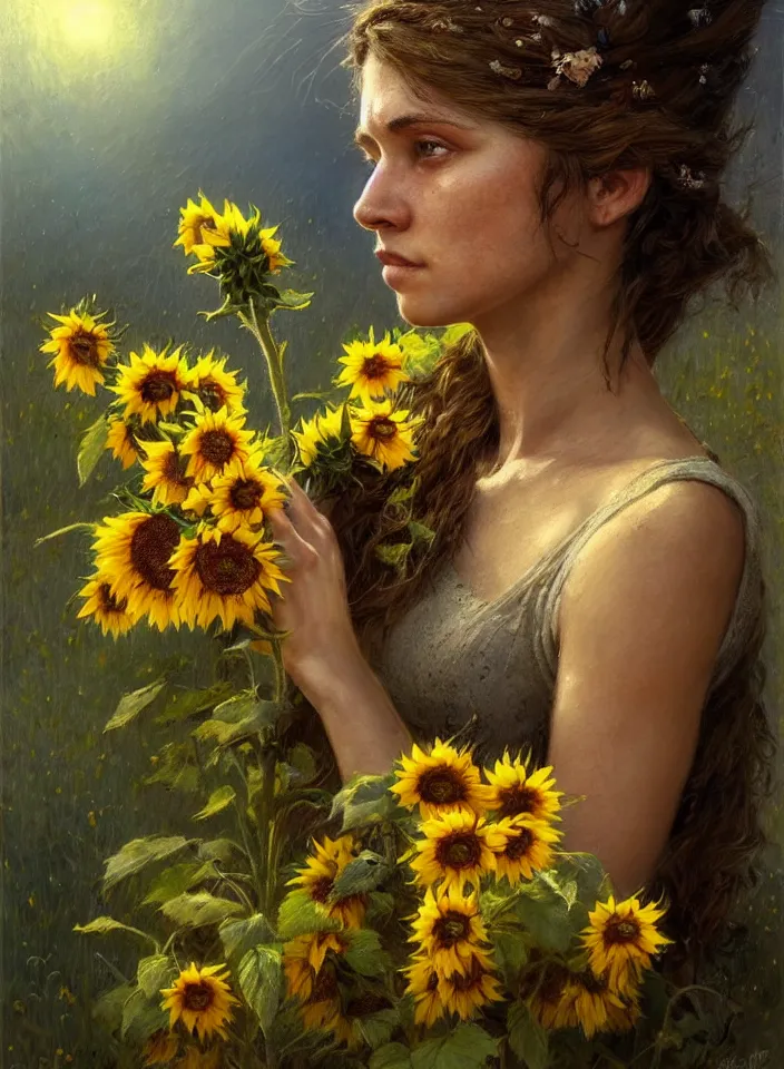 Image similar to close face portrait of a female ukraine soldier with a sunflower in her hair, summer season, moody scene, highly detailed, intricate, sharp details, summer vibe, gorgeous scene by gaston bussiere, craig mullins, somber lighting, drawn by giacomo burattini, inspired by graphic novel cover art, hyperrealistic, 8 k by rhads