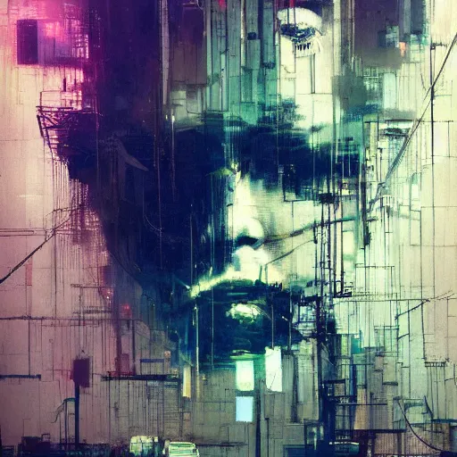 Image similar to a cyberpunk, wires, machines, in a dark future city by jeremy mann, francis bacon and agnes cecile, ink drips, paint smears, digital glitches glitchart c - 1 0