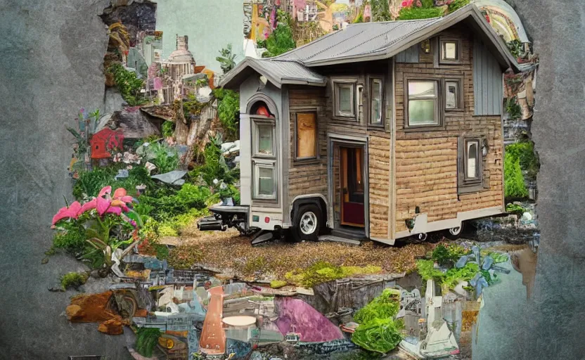 Image similar to hyperdetailed tinyhouse with an open window, seen from the distance. along a maximalist river made of paper and unexpected interesting fabric elements. 8 x 1 6 k hd mixed media 3 d collage in the style of a childrenbook illustration in soft natural tones. delicate and tender. shiny matte background no frame hd