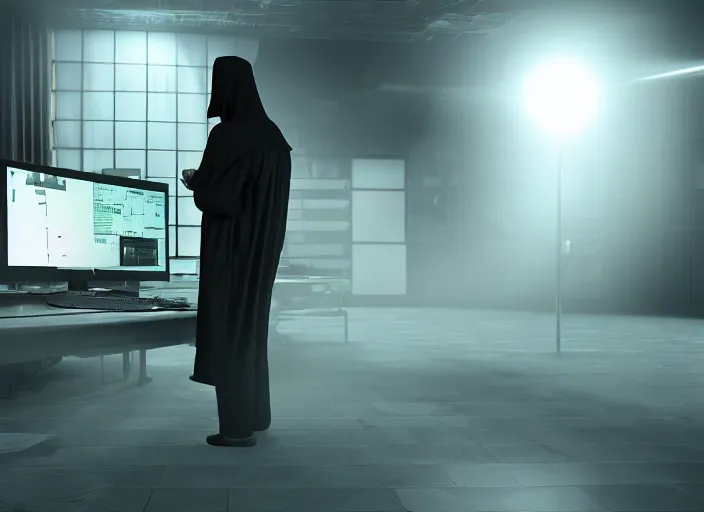 Prompt: over the shoulder shot of a dark robed illuminati cultist using a computer in a evil laboratory, cinematic lighting, volumetric, award winning, digital art