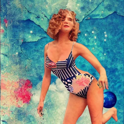 Image similar to vintage inspired, mixed media collage of a swimsuit model in space, full body, trending on art station, highly detailed, excellent composition