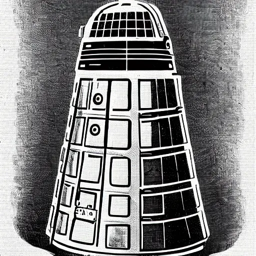 Prompt: vintage medical illustration of a dalek