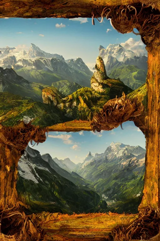 Prompt: matte painting of beautiful mountain landscape in northern switzerland with flying spaghetti moster in the center, by albert whitlock, amazing details, beautiful composition, vibrant colors, bird eye view, luminescent, warm hue's