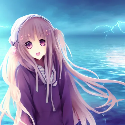 Image similar to a very beautiful anime girl, full body, long wavy blond hair, sky blue eyes, full round face, short smile, oversized hoodie, miniskirt, flower in hair, summer lake setting, cinematic lightning, medium shot, mid-shot, highly detailed, trending on Artstation, Unreal Engine 4k, cinematic wallpaper by Stanley Artgerm Lau, WLOP, Rossdraws, James Jean, Andrei Riabovitchev, Marc Simonetti, and Sakimichan