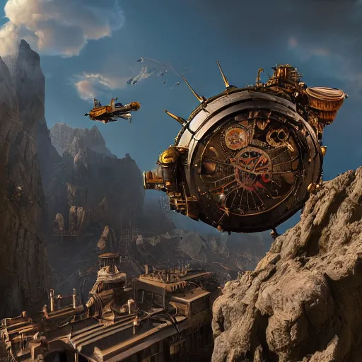 Image similar to flying steampunk fortress, extremely detailed, behrens style, unreal 5 render, fantasy digital art, octane render, beautiful composition, trending on artstation, award - winning photograph, masterpiece